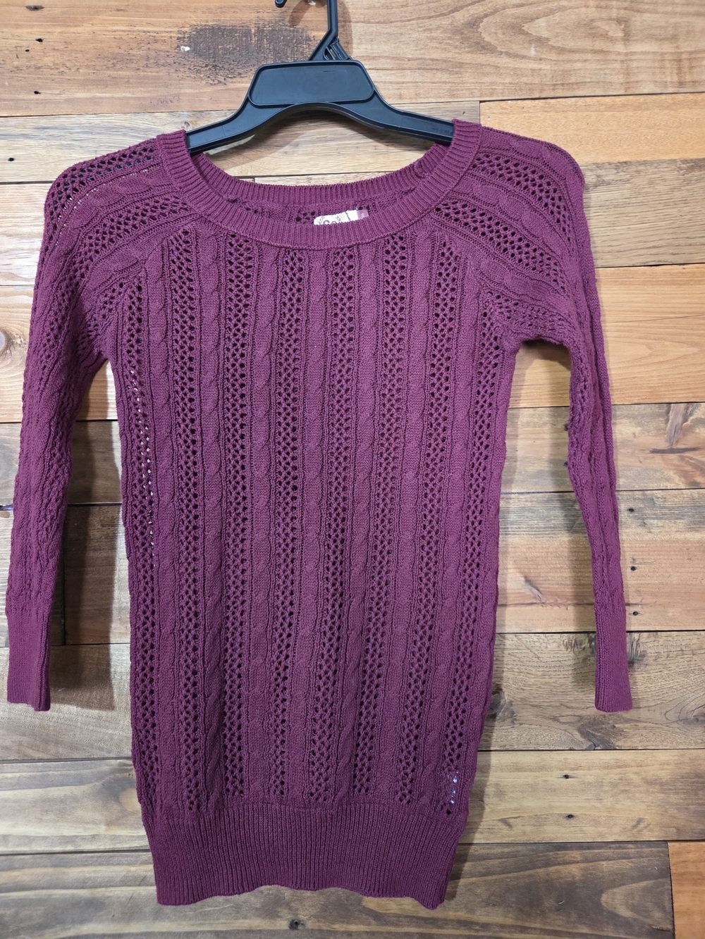 SO Womens S Plum Burgundy Cable Knit Pointelle Sweater Cotton Blend Sz S